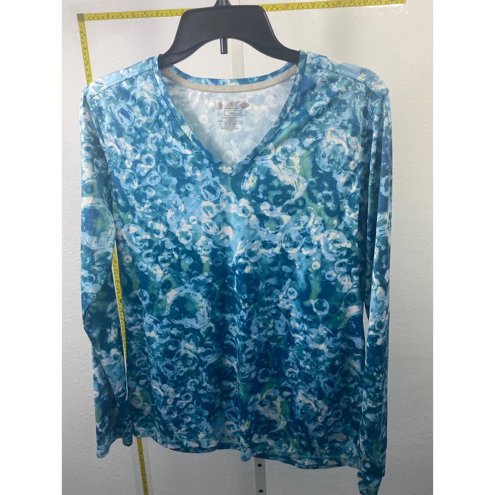 Reel Legends Reel-Tec Womens Large Blue‎ Bubble Print V-Neck Long Sleeve Shirt